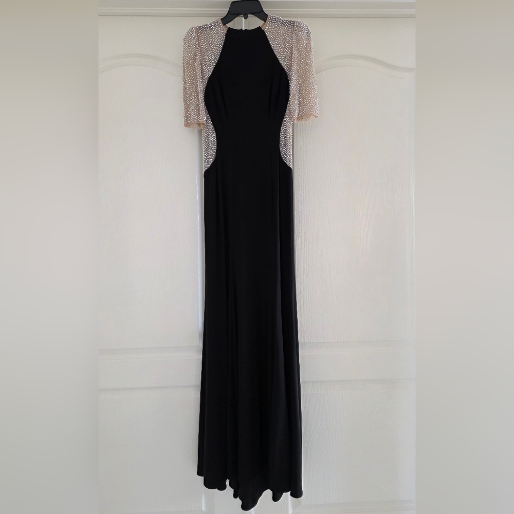 Xscape Black Gown with Champagne Beaded sleeves